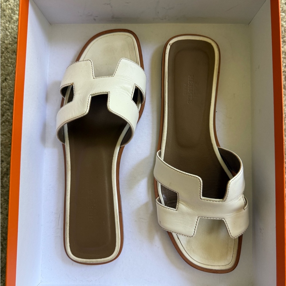 Hermes White Leather Oran Slide Sandals with Brown Insole